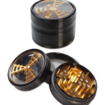 4-dielna hliníková drvička Zlatý mlyn (Golden Mill) s okienkom (Čierno-zlatá, 62 mm)