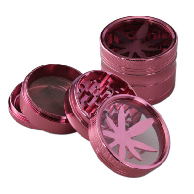 Hliníková drtička s skleneným viečkom 4-dielna LEAF - Ružová (62 mm)