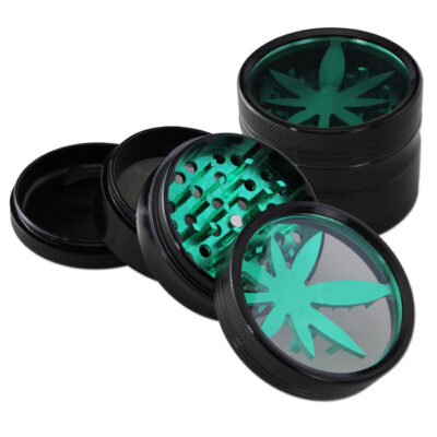 Hliníková drtička s skleneným viečkom 4-dielna LEAF - Zelená (62 mm)