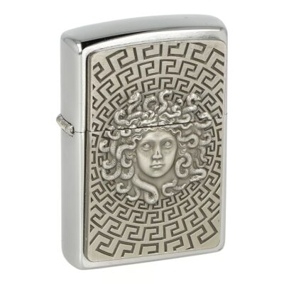Originálny zapaľovač Zippo Medusa – Brushed Chrome s 3D emblémom
