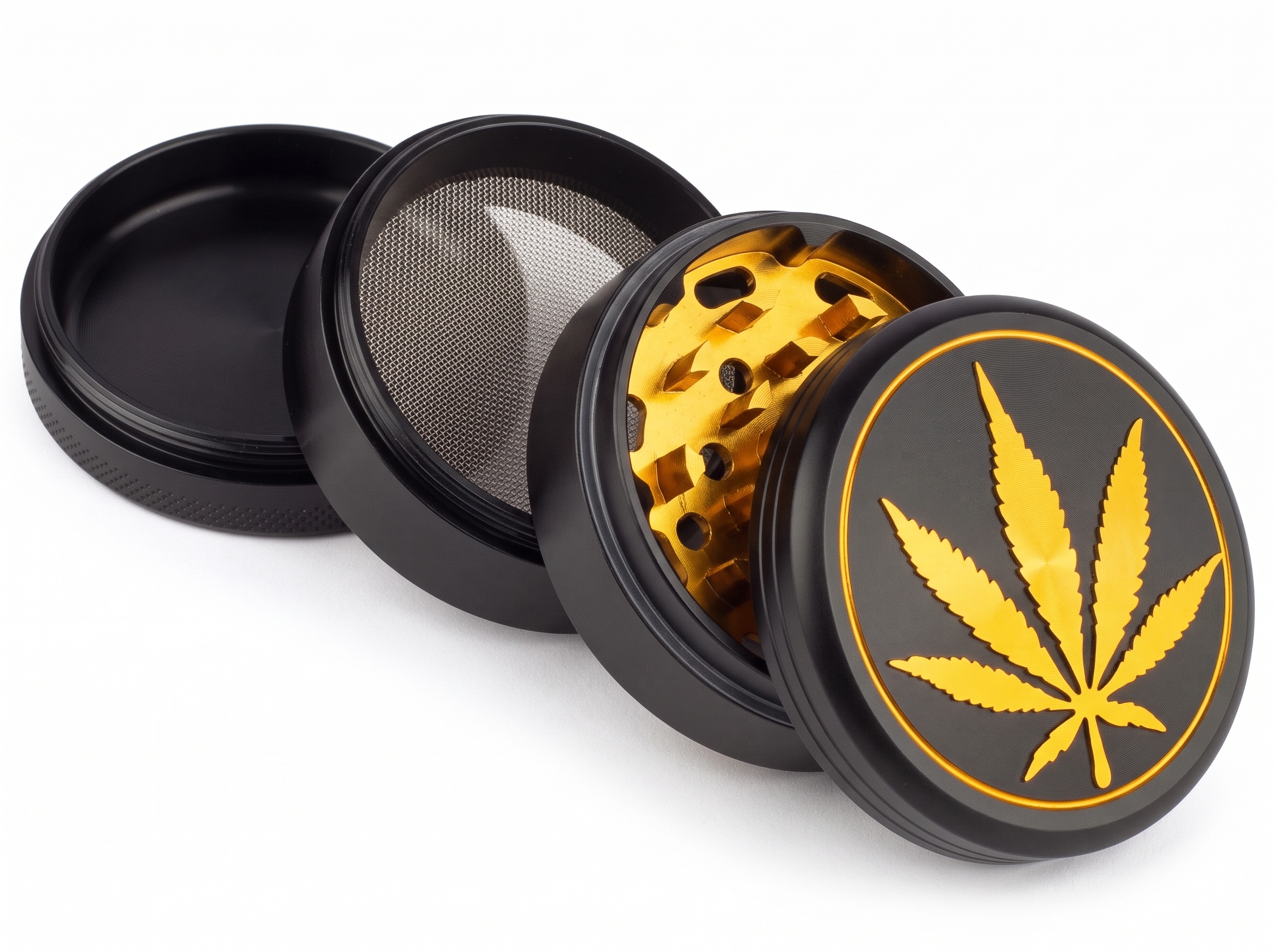 4-dielna kovová drvička Dreamliner Cannabis Leaf (Čierno-zlatá, 60 mm) – Obrázok 2